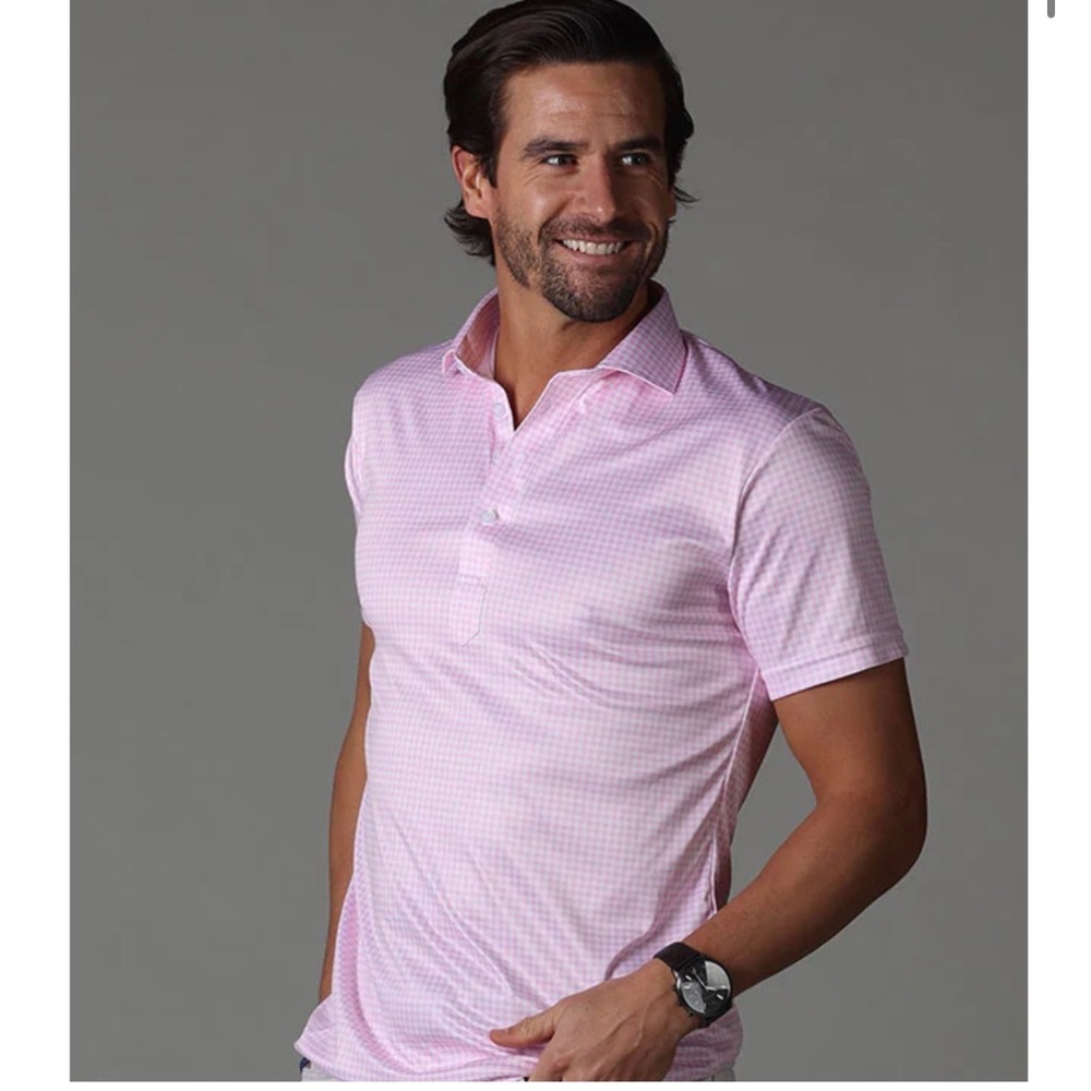 Collars & Co Men Size Small Dress Collar Polo Pink White Gingham Performance New